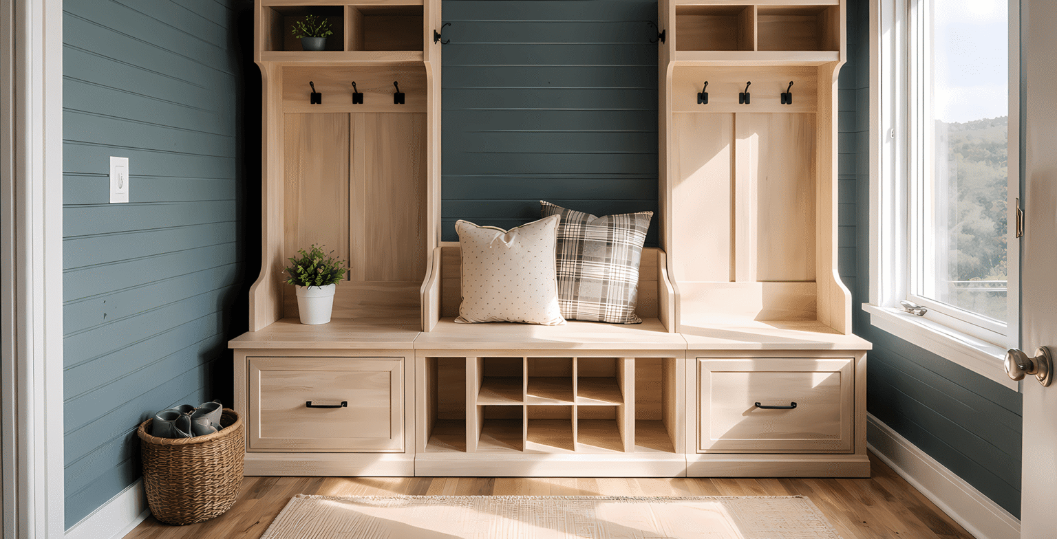 Mudroom storage bench with built-in lockers, a popular garage conversion add-on