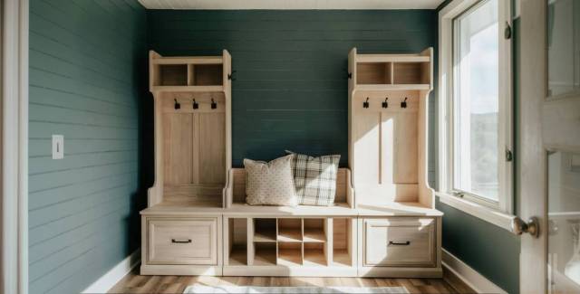 Mudroom storage bench with built-in lockers, a popular garage conversion add-on