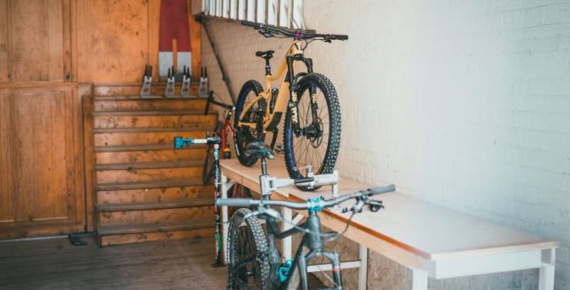 Garage workshop storage with mountain bikes, great for a metal garage interior
