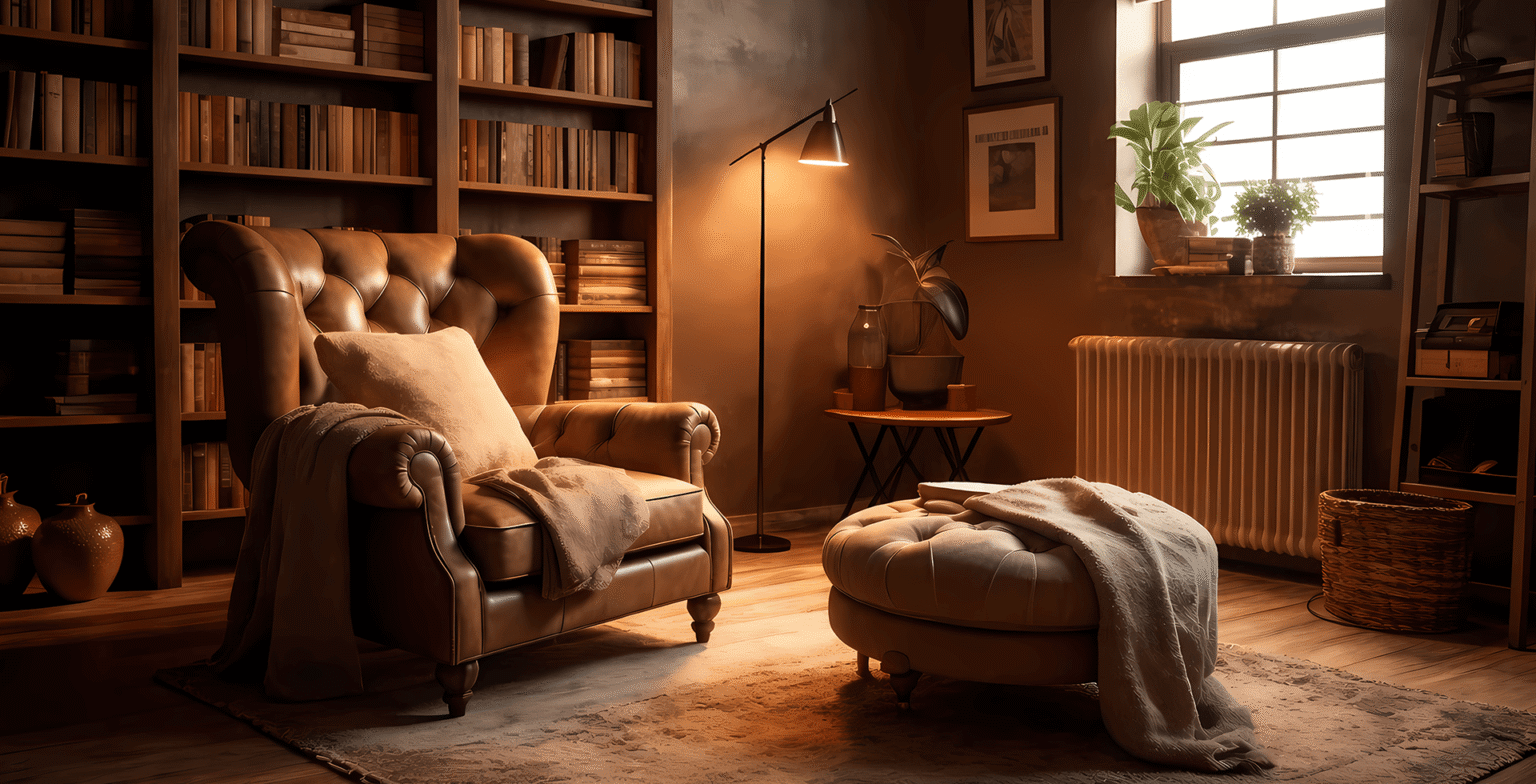 Cozy home library with a leather armchair and warm lighting