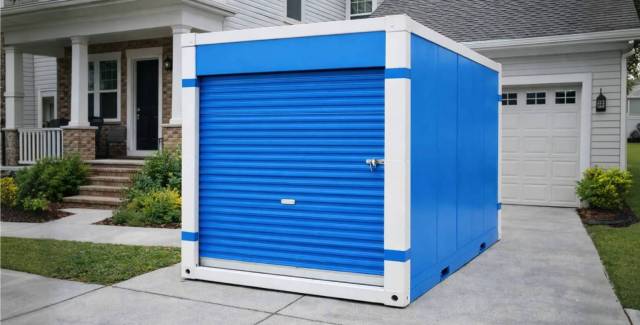 Portable storage container placed in a residential driveway