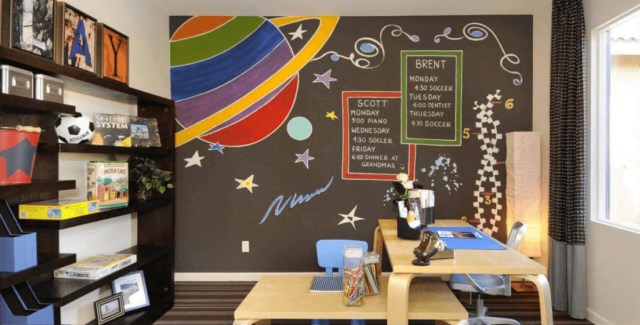 Creative classroom with a chalkboard wall and colorful decor