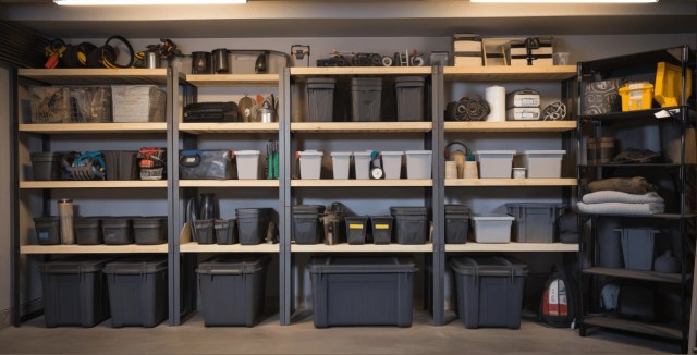 Organized storage shelves with labeled bins and tools