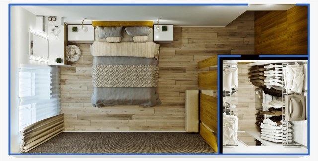 Top-down view of a well-organized bedroom with a built-in closet