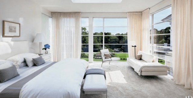 Bright and spacious bedroom with large windows and a serene view