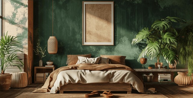 Warm and earthy bedroom with lush greenery and wooden decor