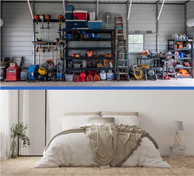 Garage workshop with equipment and a cozy bedroom setup