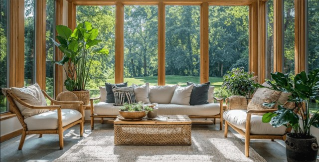 Bright sunroom with large windows, natural light, and greenery