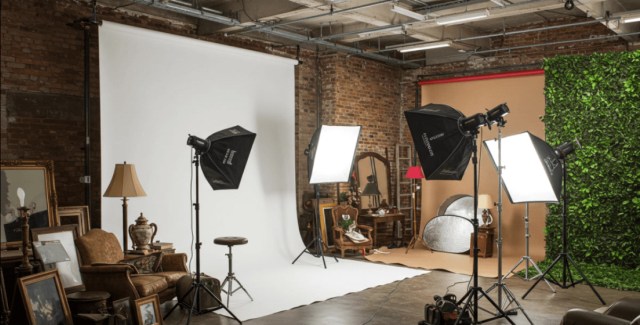 Photography studio with professional lighting and backdrop setup