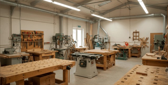 Well-equipped woodworking shop with tools and workbenches