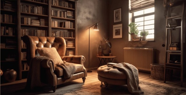 Cozy home library with a leather armchair and warm lighting