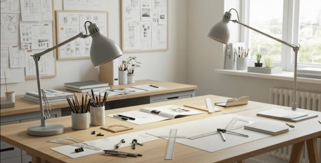 Modern office setup with a laptop, books, and a black chair