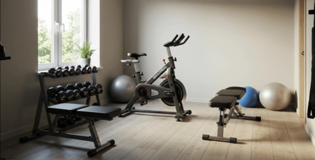 Home gym with a stationary bike, weights, and exercise balls