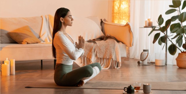 Woman meditating in a cozy living space with candles and plants