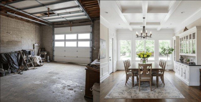 Before and after transformation of a garage into a bright dining room