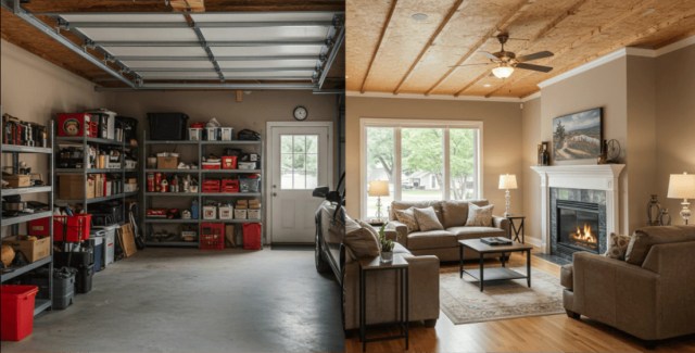 Side-by-side comparison of a garage and a cozy living room with a fireplace