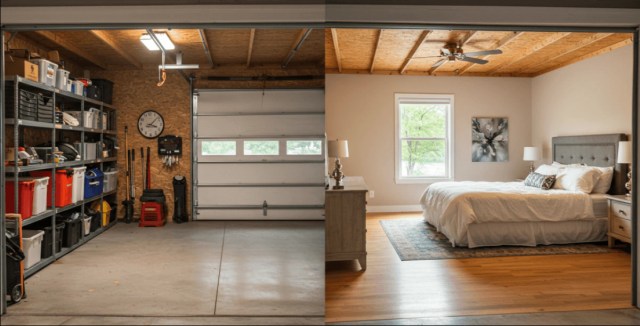 Garage with storage shelves next to a bedroom with a modern design