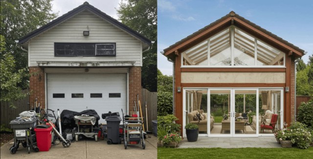 Garage cluttered with tools and equipment transformed into a stylish sunroom