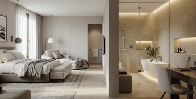 Stylish bedroom with an open ensuite bathroom and modern design