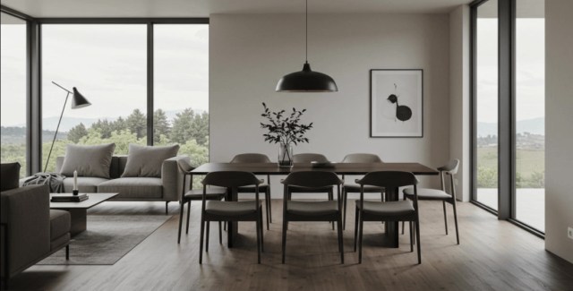 Minimalist dining room with large windows and scenic views