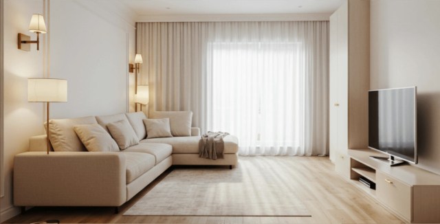 Bright living room with a cozy sofa and natural light.