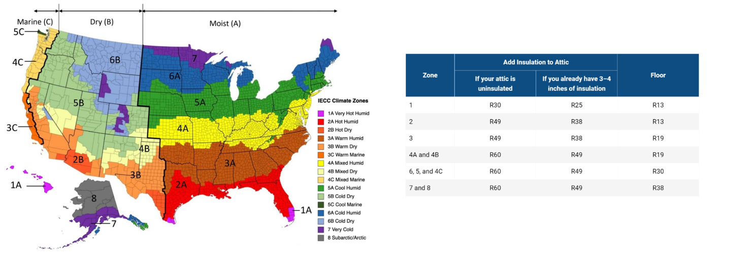 Map from Energy Star showing recommended R-values for home insulation