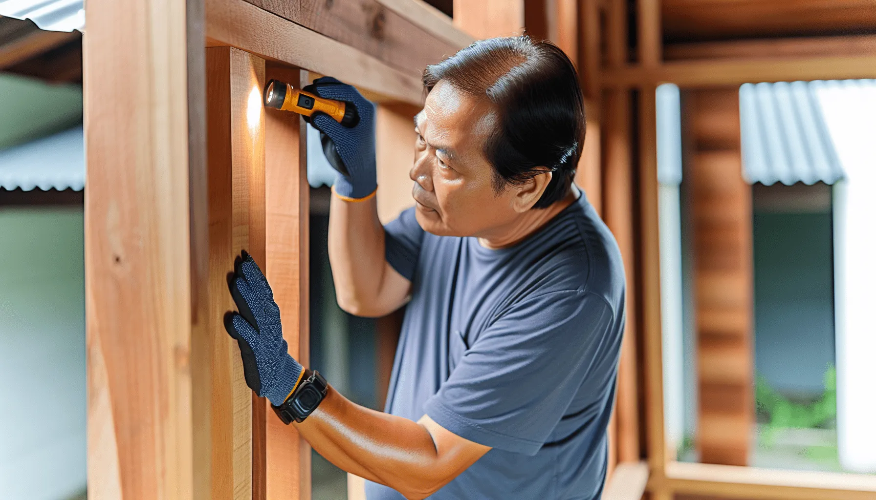 Construction worker performing an inspection of a wooden structure as part of its maintenance