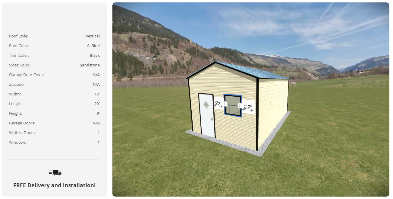 3D rendering of a 12 x 20 metal shed with beige walls, blue roof and black trimmings, one door and one window made with Alan Factory Outlet's 3D Builder