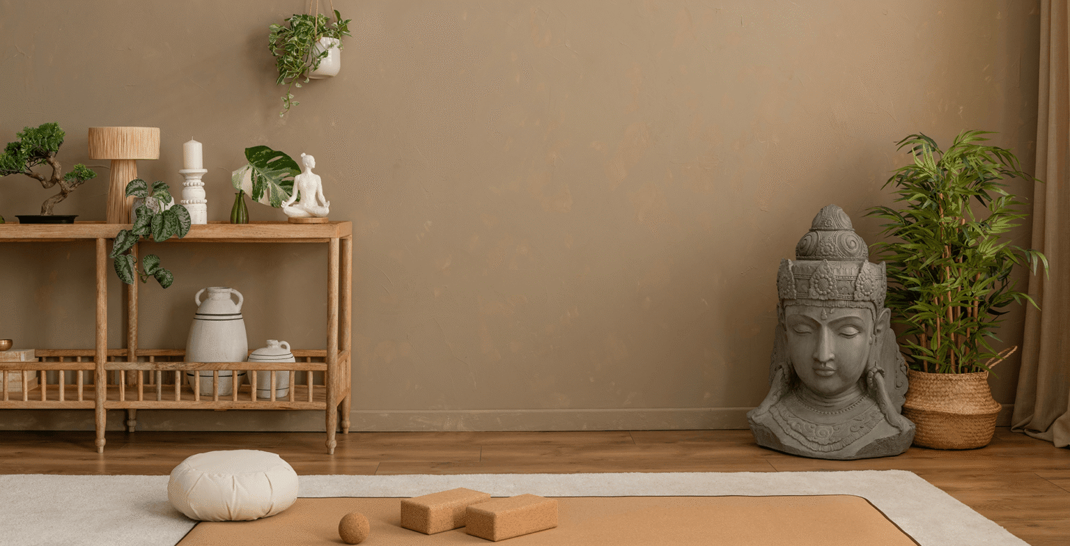 Minimalist home wellness space with yoga mat, cushions, plants, and decor, illustrating a garage conversion idea for a meditation room, yoga studio, or relaxation space focused on health and tranquility.