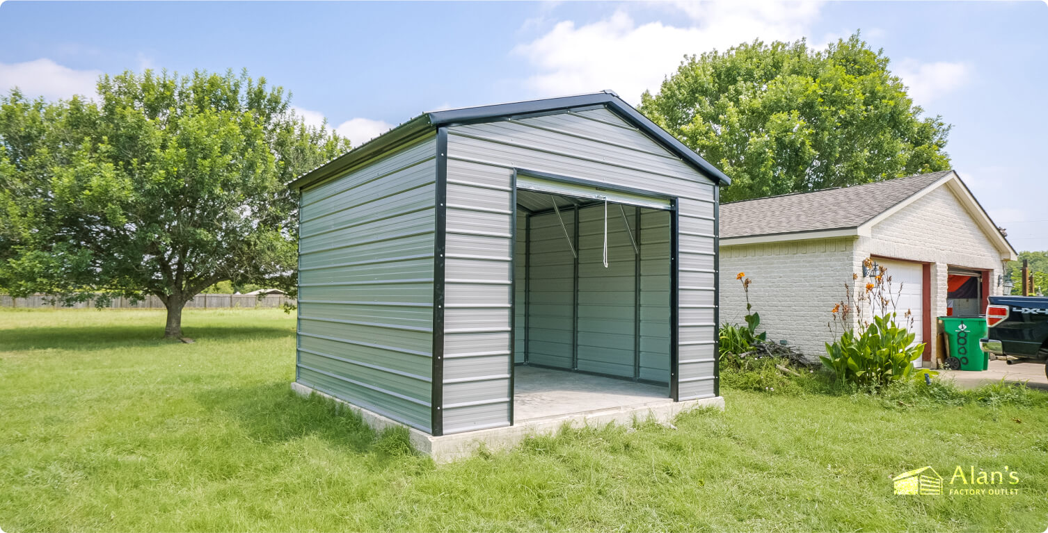 An Alan Factory Outlet metal shed next to a house