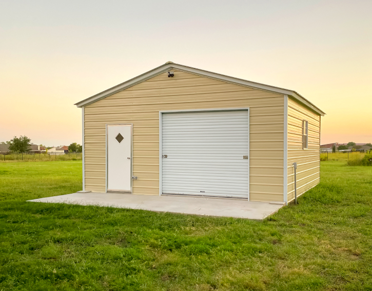 Yellow garage in sunset