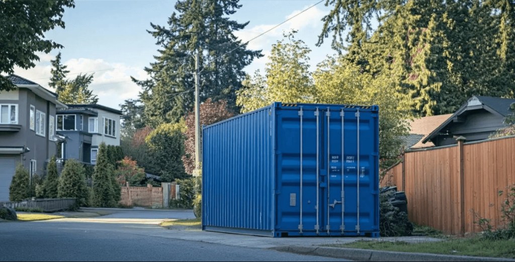 Large blue shipping container placed on a suburban street near houses and trees