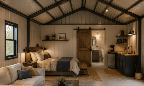 Garage converted into a guest suite with a bed, sitting area, and barn door