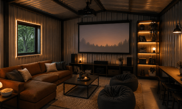 Garage converted into a cozy media lounge with a projector screen and sectional sofa
