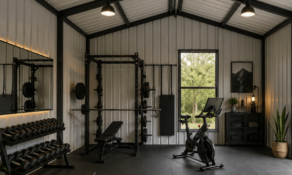 Metal garage interior converted into a home gym with a squat rack and weights