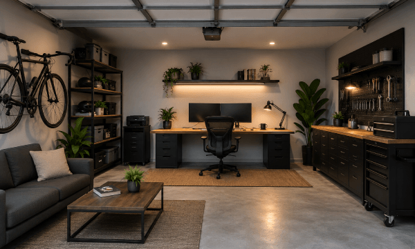 Garage converted into a home office with a desk, sofa, and wall-mounted bike