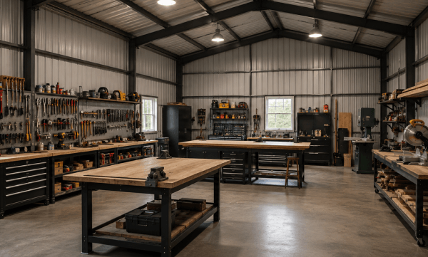 Metal garage interior set up as a workshop with a workbench and tool storage