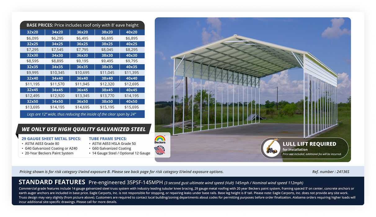 32 To 40 Wide Commercial Garage Carport