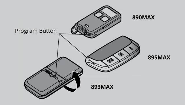 Position of the programming button on three LiftMaster remotes