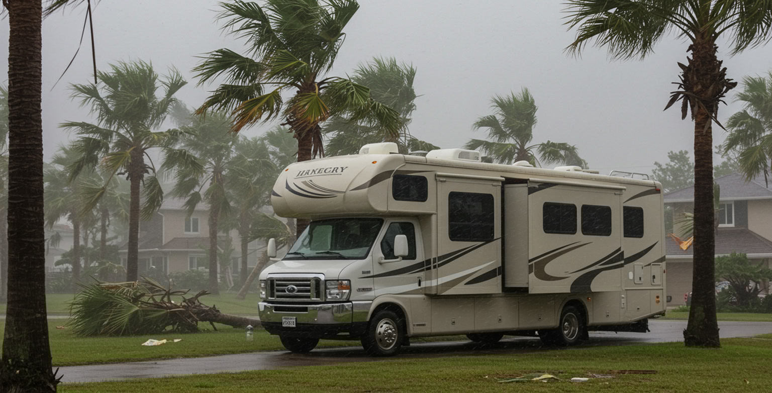 A white RV in the middle of a Hurricane in Florida