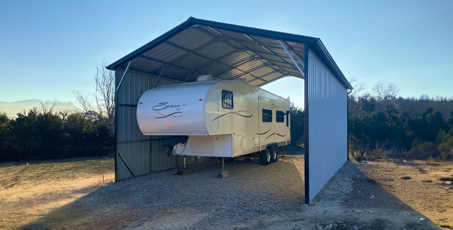 RV shelter idea: Partially Enclosed RV Carport