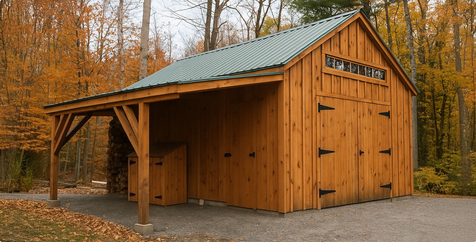 A wooden house with a roof extension with overhang as a carport