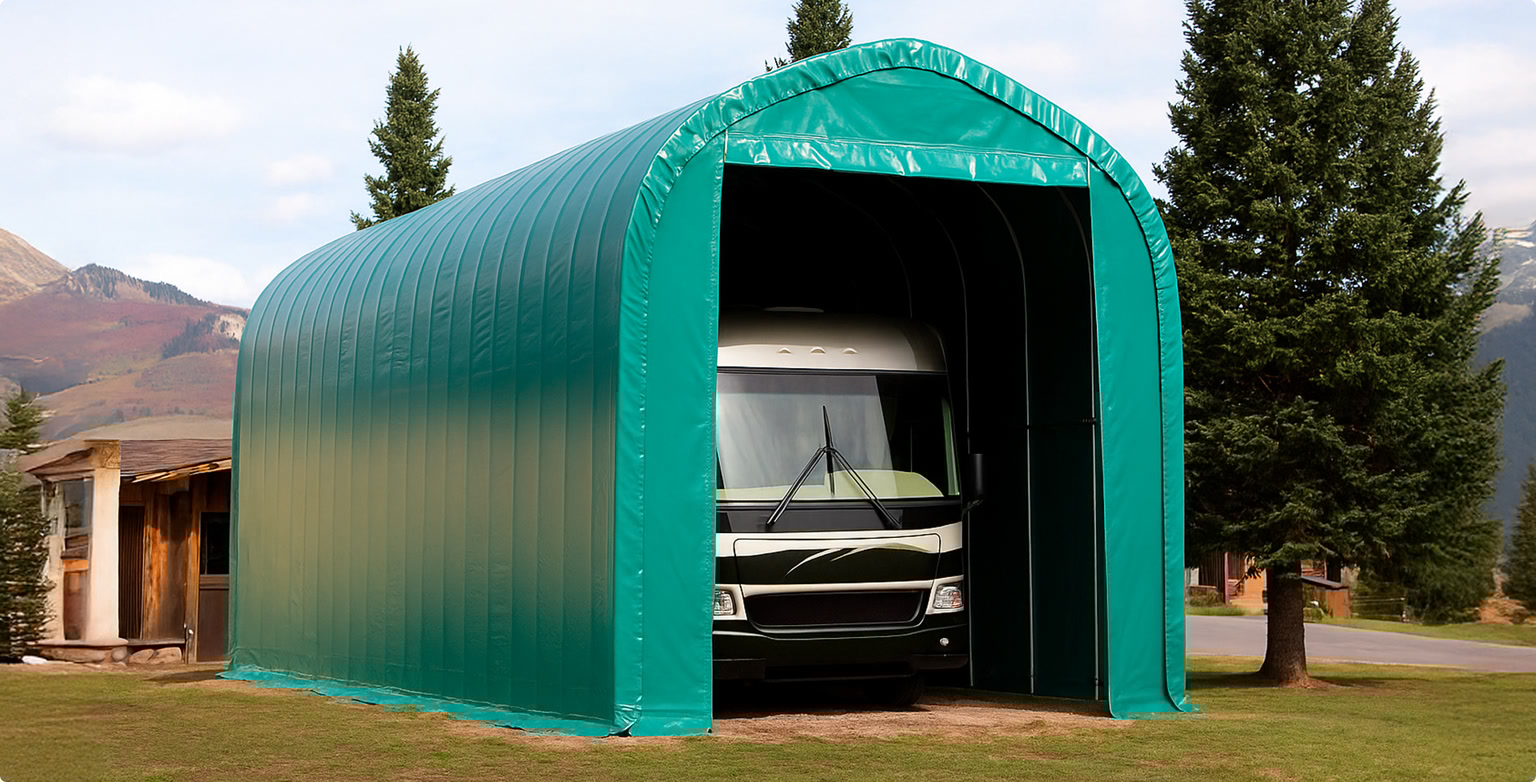 A green Portable Fabric RV Carport with a black RV inside