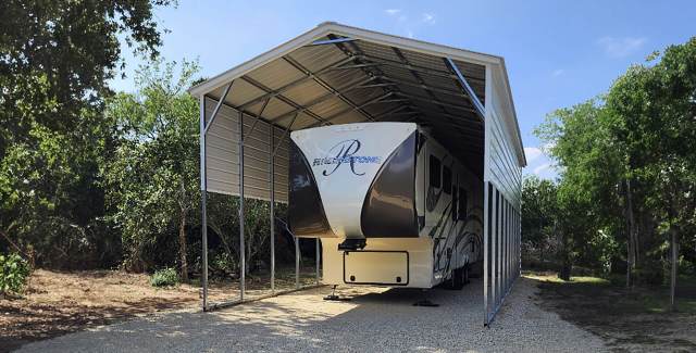 An RV carport from Alan's Factory Outlet for storing your RV at home