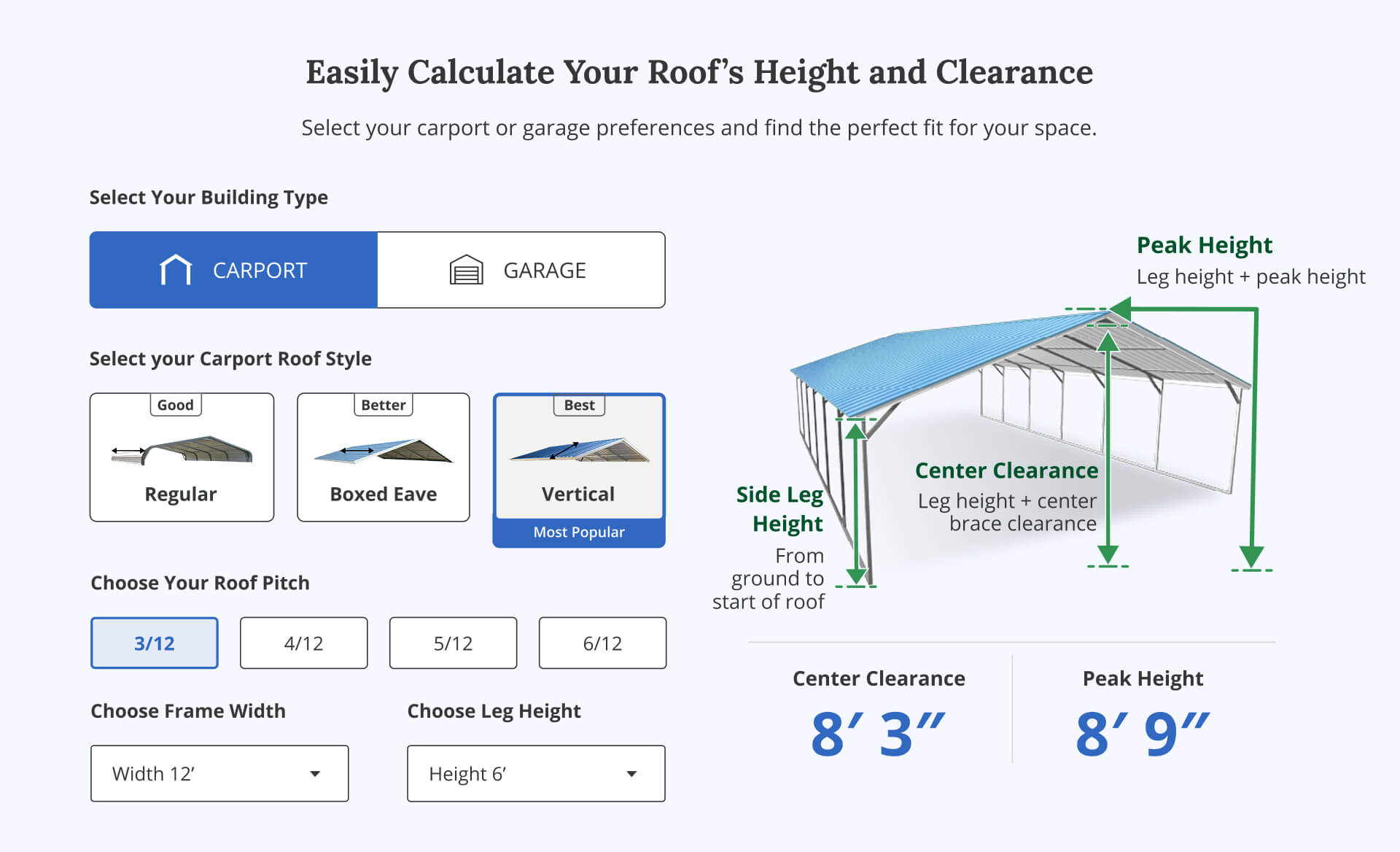 Screenshot of custom frame width and leg height customization selection