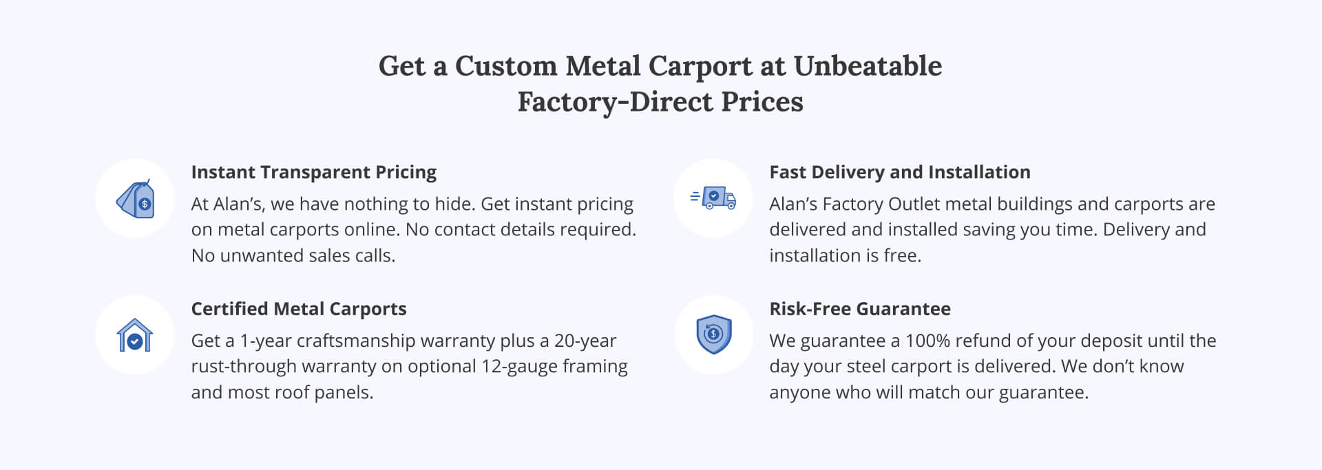 Screenshot of Alan's Factory Outlet's offerings, including warranty