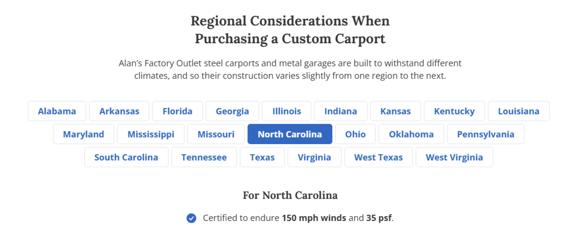 Screenshot of Alan's Factory Outlet's region selection