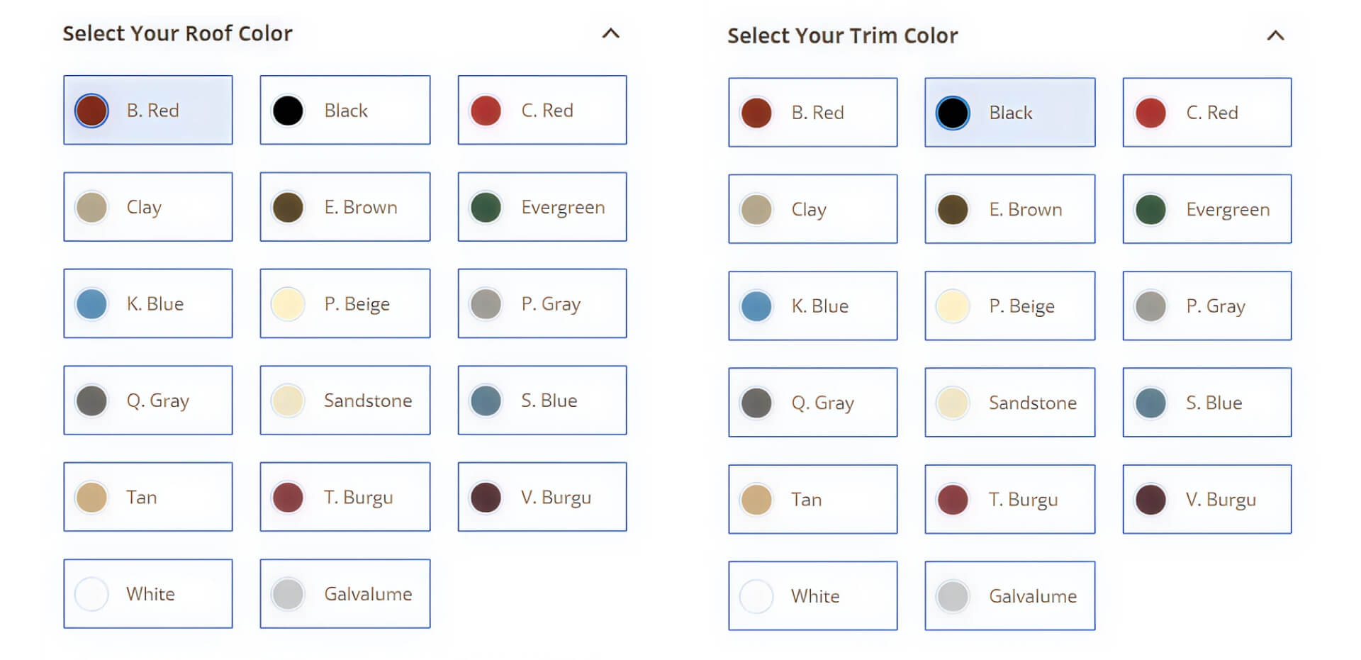 Screenshot of color options in Alan's Factory Outlet's 3D builder