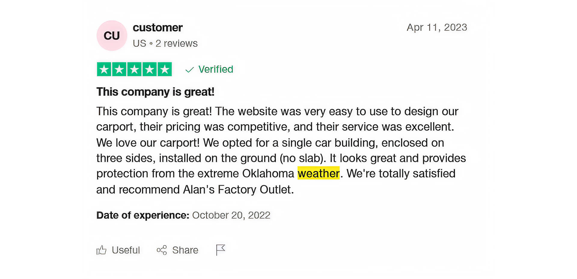 Screenshot of a review on Alan's Factory Outlet's Trustpilot page