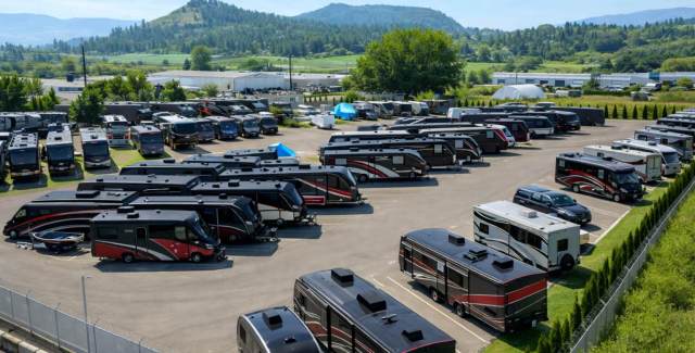 Aerial view of multiple RVs parked in an outdoor storage lot surrounded by greenery and hills